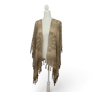 💜 JANICE Tan/Black Pattern Scarf Coat Poncho Kimono (OS)